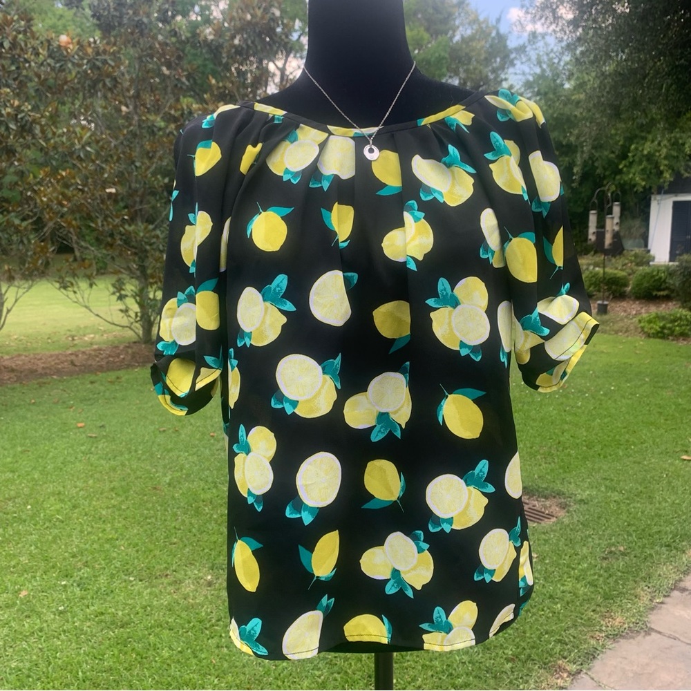 Cynthia Rowley Lemon Print Semi Sheer Blouse Small S